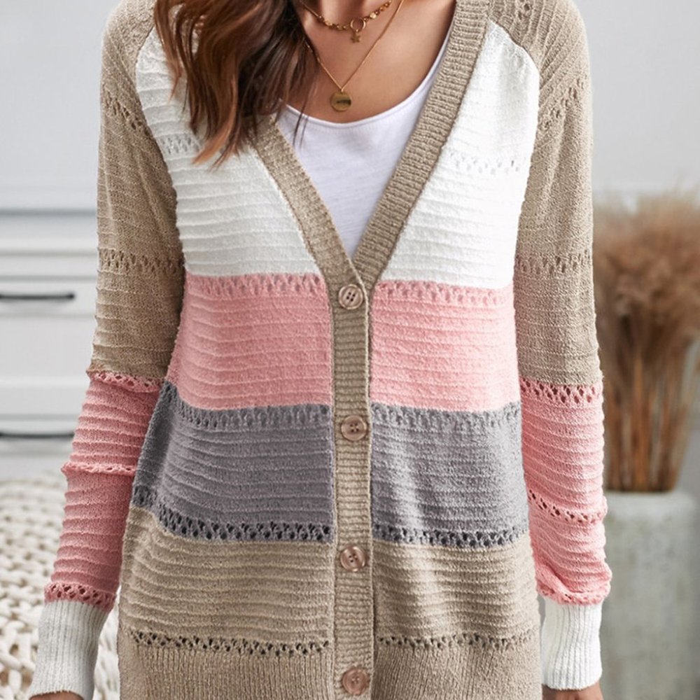 Multicolor V-neck Color Block Button Closure Eyelet Cardigan - Picture 6 of 8